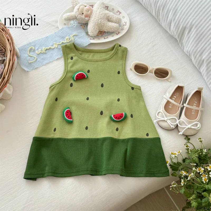

Baby Girl Summer Dress New Style2025Green Cool Watermelon Sleeveless Dress with Patchwork and 3D Princess Dress