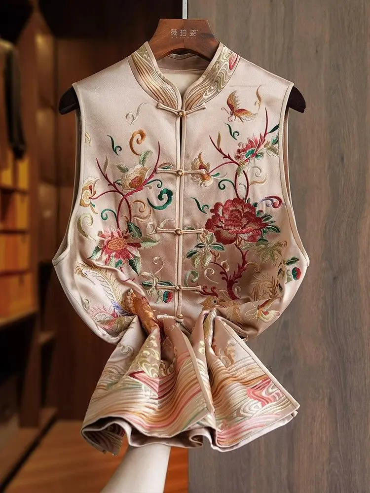 الأزهار المطرزة الحرير الحرير سترة المرأة الرجعية الصينية خمر العرقية نمط بلوزات بلا اكمام المتضخم