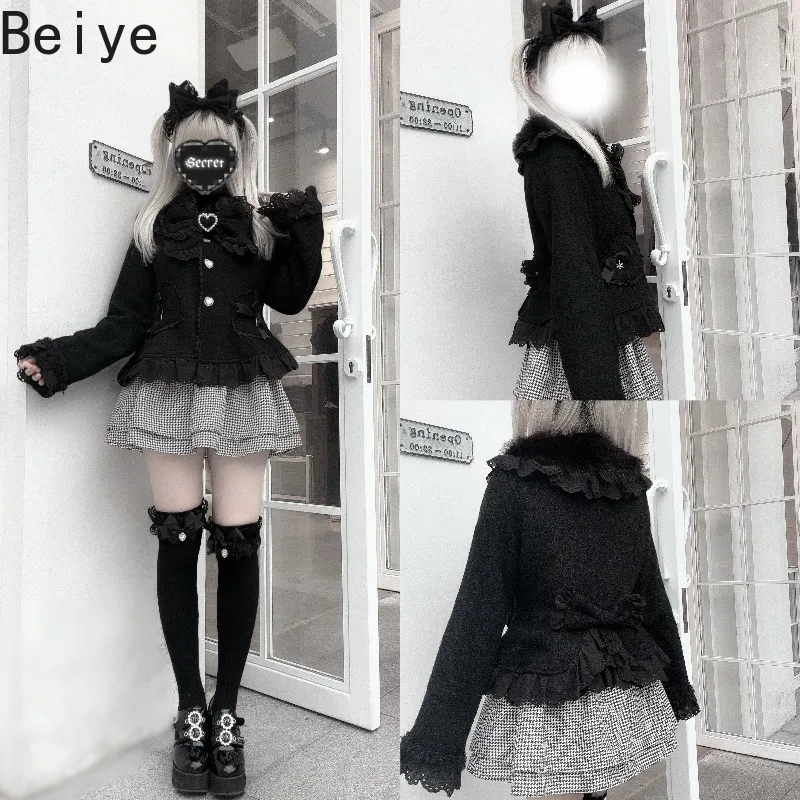 Sweet Lolita Women Short Winter Coat Faux Fur Collar Lace Ruffle Big Bow Wool‑Blend Jacket Ladies Japanese Harajuku Outerwear