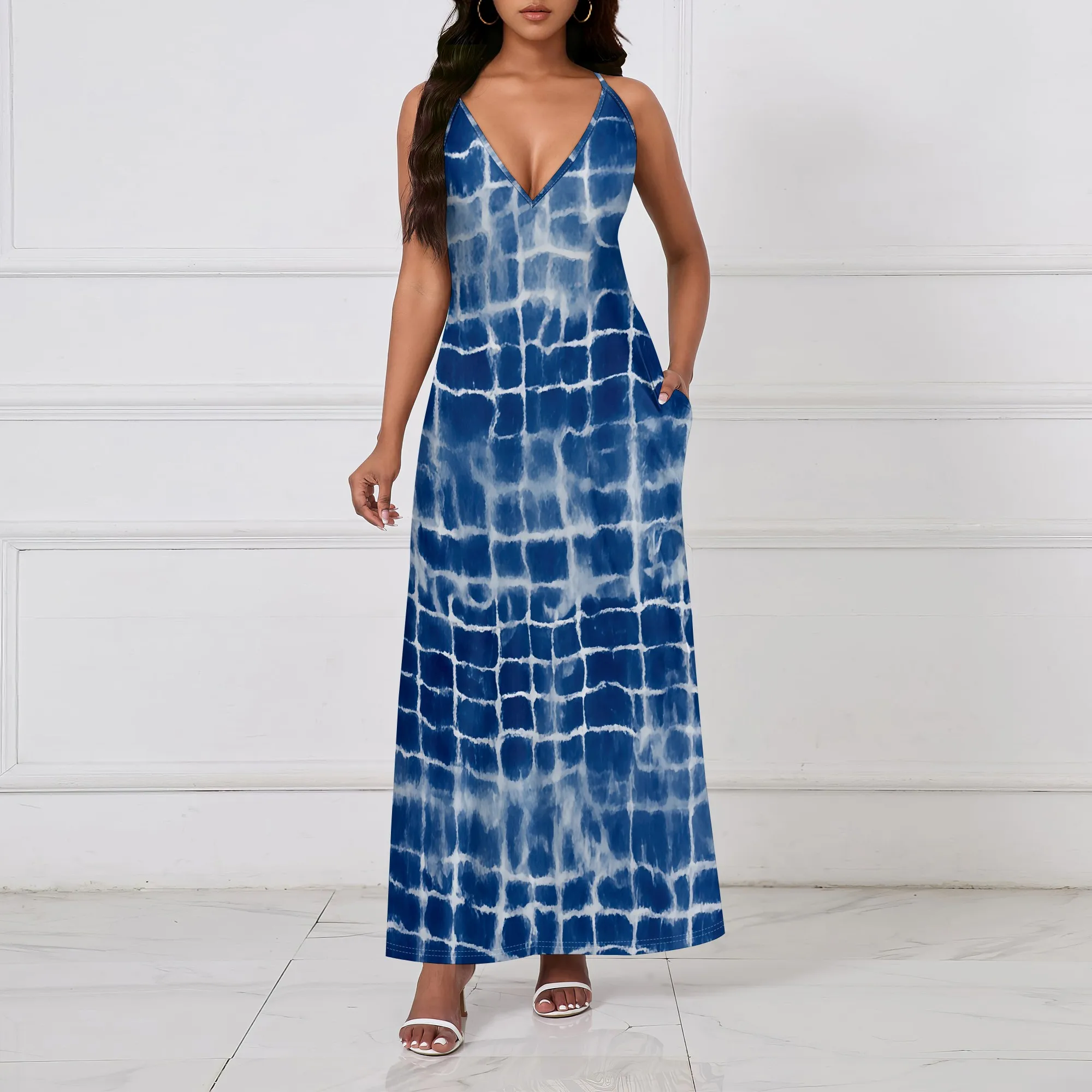 

Women’s Boho Tie-Dye Maxi Dress with Pockets, V-Neck Beachwear, Casual Sundress, Summer Vacation Outfit, Available in S-3XL