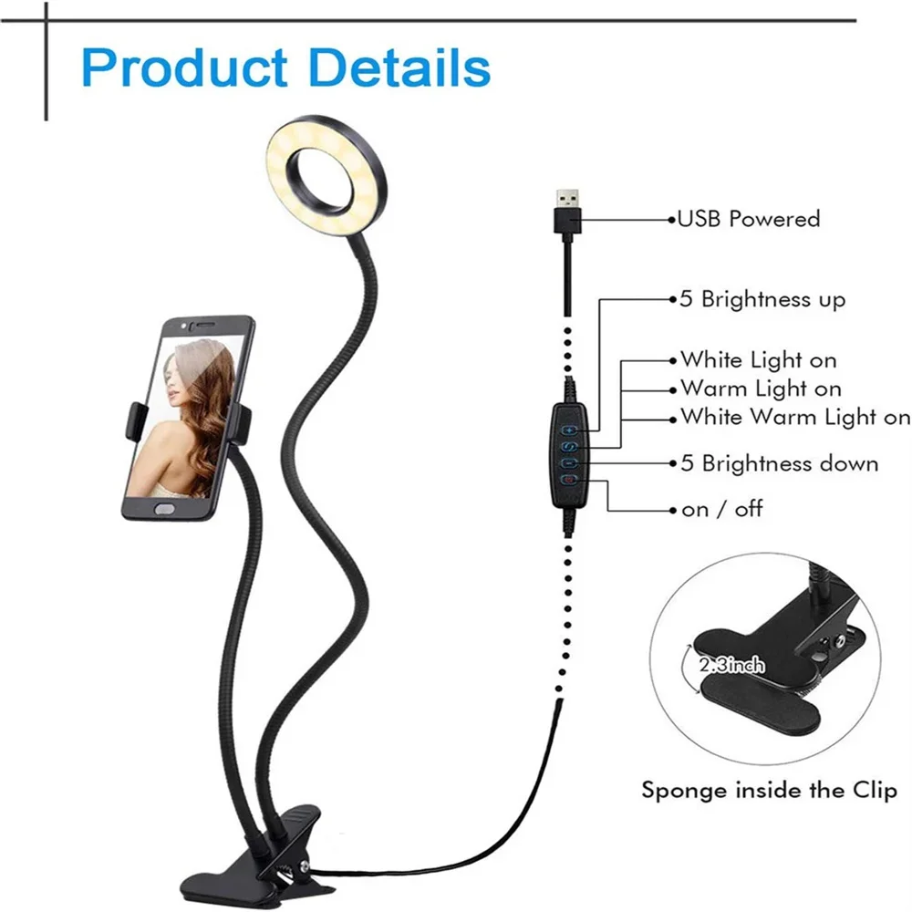لطيفة LED مصباح مصمم على شكل حلقة كليب على USB ملء في مصباح أضواء مزدوجة 3 طرق الإضاءة عكس الضوء تصميم الأسلحة المرنة مع حامل هاتف ل Li