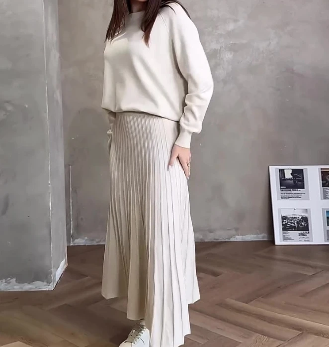 Two Piece Set Women Outfit Spring Solid Color Round Neck Long Sleeved Pullover Top & Casual High Waist Pleated Long Skirt Set