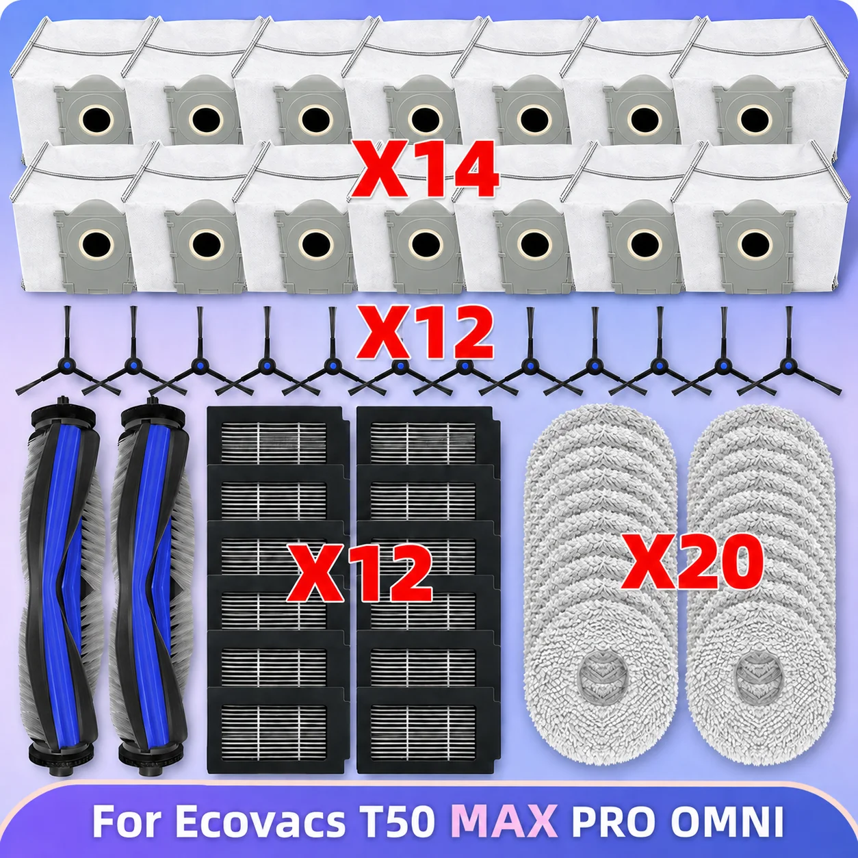 Kompatibel mit (Ecovacs T50 MAX Pro Omni / T50 MAX PRO OMNI Gen2 – NICHT kompatibel mit T50 PRO OMNI) Staubsaugerteile Haupt-/Seitenbürste HEPA-Filter Mopp Beutel