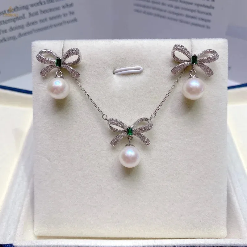 Belt Bow Design Genuine Pearl Jewelry Set & 925 Silver Clasp 8.5-9mm Freshwater Pearls Round with Strong Luster