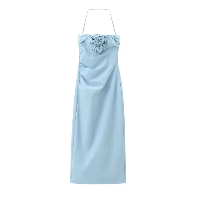 BabYoung Summer Fashion Women Dresses Blue Sleeveless Backless Appliques Decorate Pleated Zipper Female Beach Style Long Dress