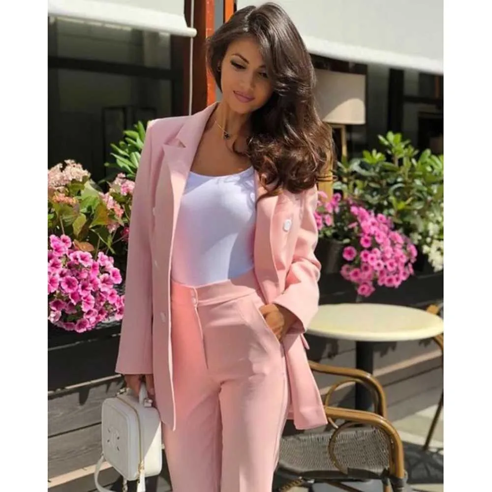 High Quality Pink Women's Suits Double Breasted 2 Piece Jacket Pants Female Clothing Slim Fit Smart Office Lady Blazer Sets