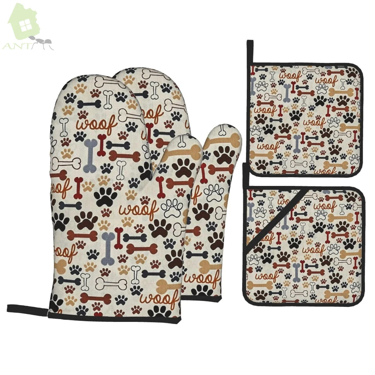 

Dog Bones & Paw Prints Oven Mitts and Pot Holders Sets of 4 High Heat Resistant Oven Mitts with Oven Gloves and Hot Pads