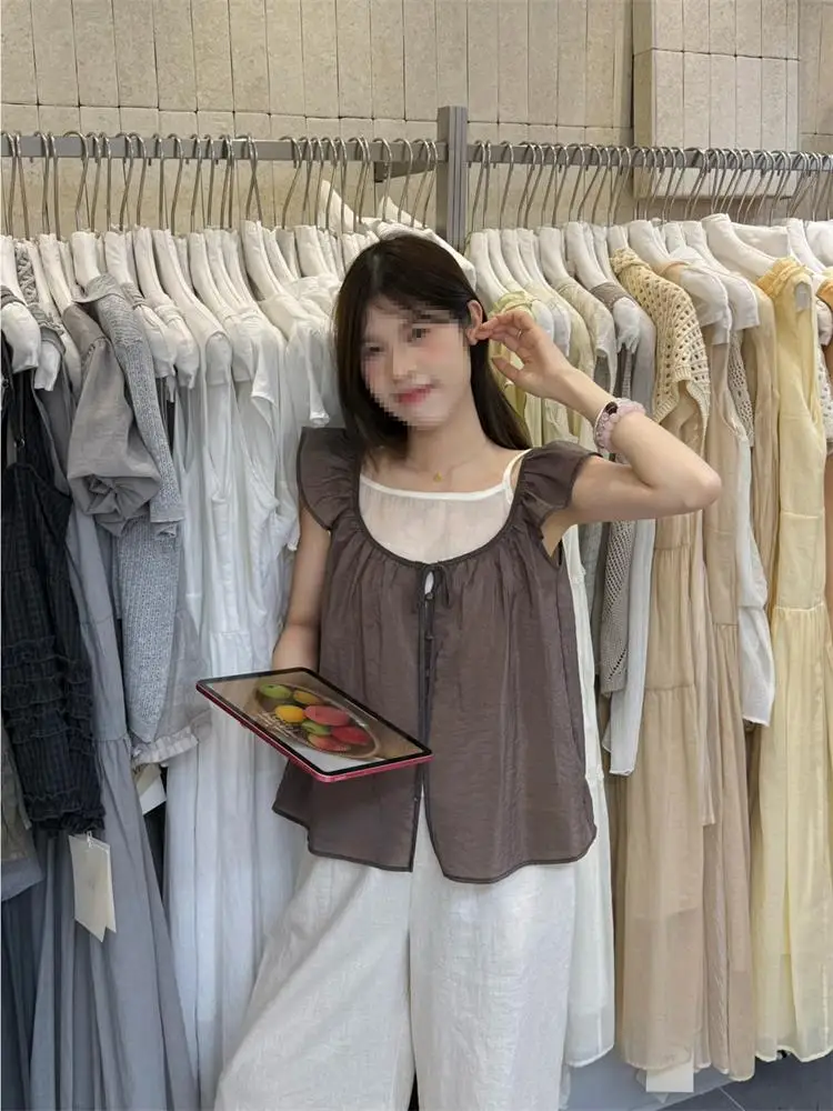 Midiwen Women's Lace Trim Sweet Bean Weaving Rope Strap Vest Sleeveless Top Set Casual Summer Commute Style Straight Cut