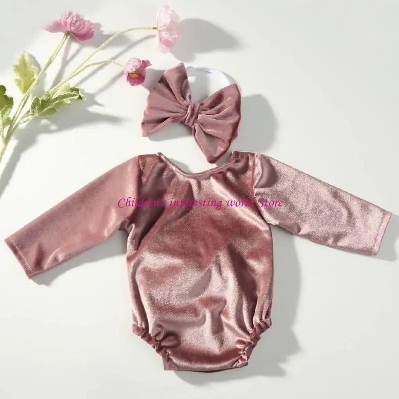 1 Set Baby Girls Bodysuit Big Bowknot Back Romper and Matching Hairband Props 425F