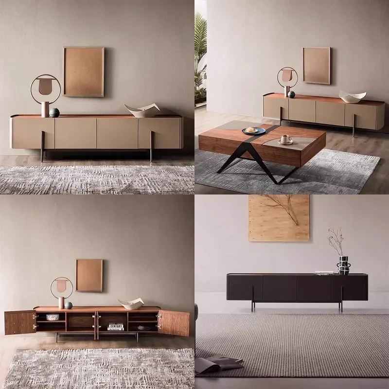 Italian Minimalist Saddle Leather TV Stand Coffee Table Combo Compact Audio Visual Storage Unit for Small Apartment Living