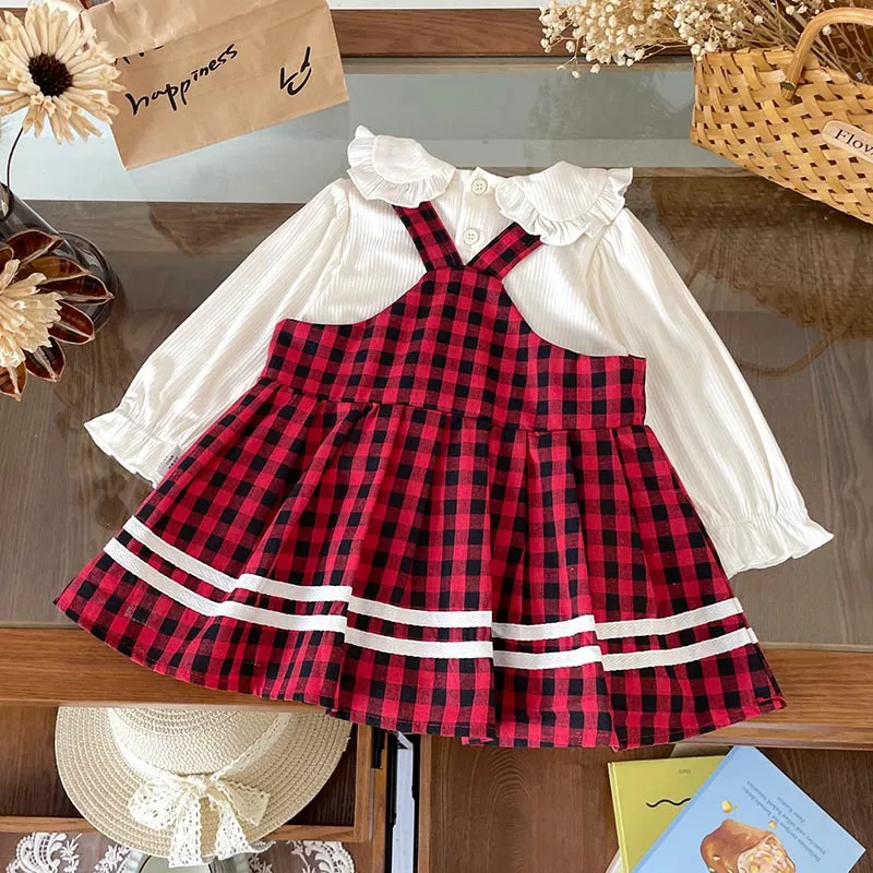 

Spot GoodsQT259098Girls Suit2025Autumn New Lace Collar Inner Strap Plaid Dress Trendy