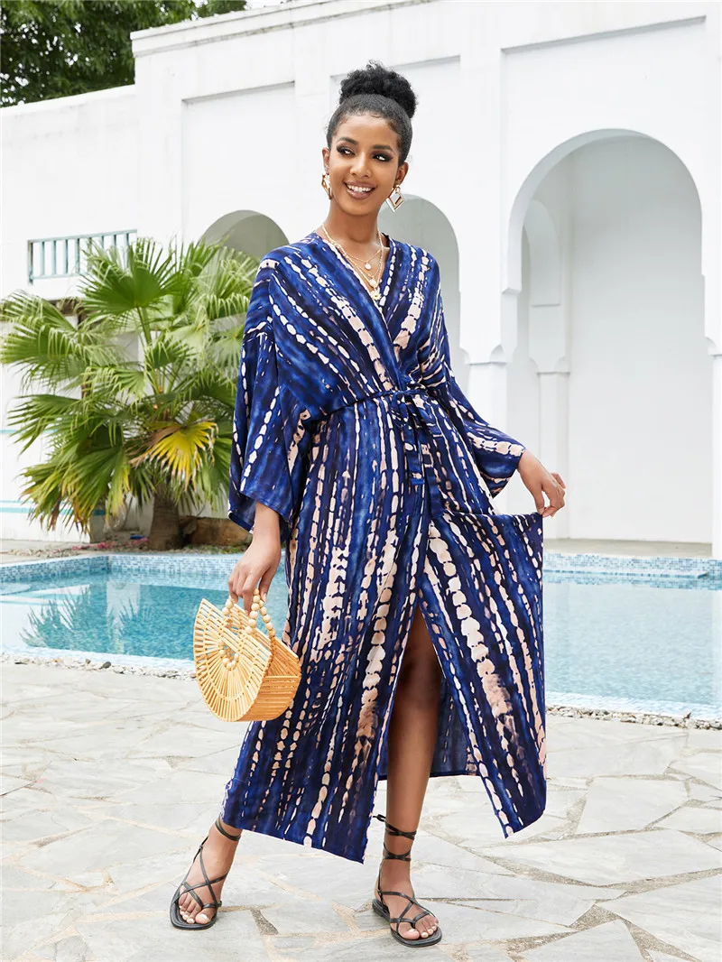 Langer Kimono-Badeanzug für Damen, stilvoller Batik-Badeanzug mit offener Vorderseite und Strand-Outfits – Detail 5