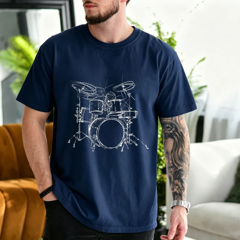 Mens Short Sleeve T Shirt Sketch Drum Set Graphic Tee Drummer Musician Gift Casual Crew Neck Tops For Band Daily Wear
