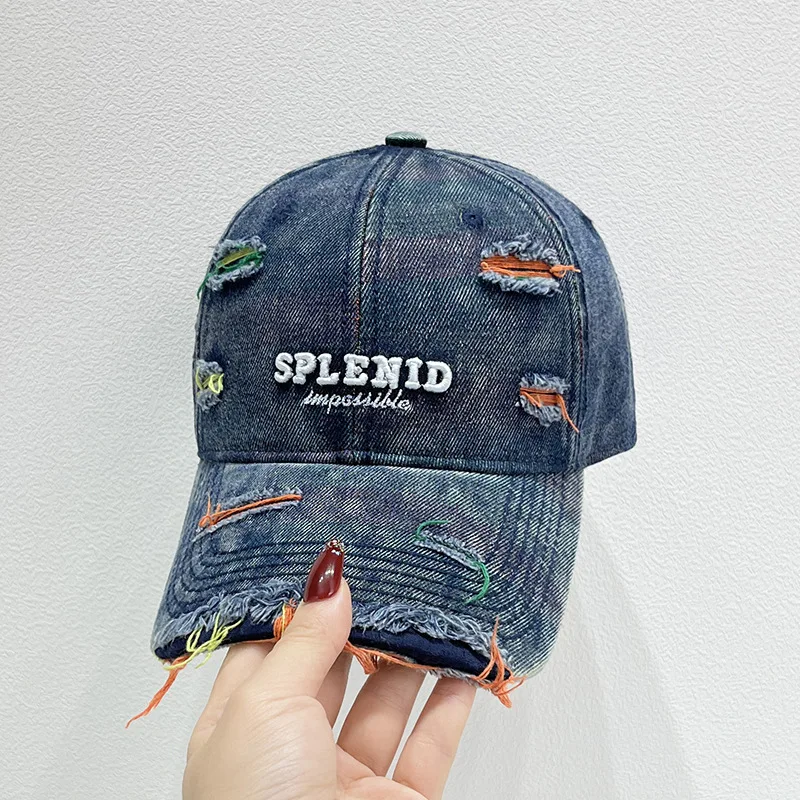 Neue Stil Frauen Kappe Tränen Stil Loch Vintage Bunte Linien Baseball Caps Weibliche Casual Outdoor Streetwear Denim Hut – Detail 8