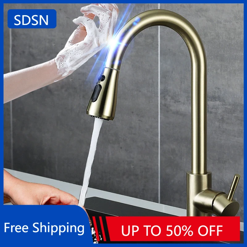 

Сенсорные смесители для кухонной мойки, матовое золото, выдвижной датчик горячей и холодной воды, смеситель для кухонной мойки, умный черный сенсорный смеситель для кухни