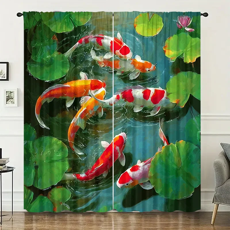 Koi carp and lotus pond design curtains, installed in pole-type style. Suitable for living rooms, bedrooms, dining rooms hotels