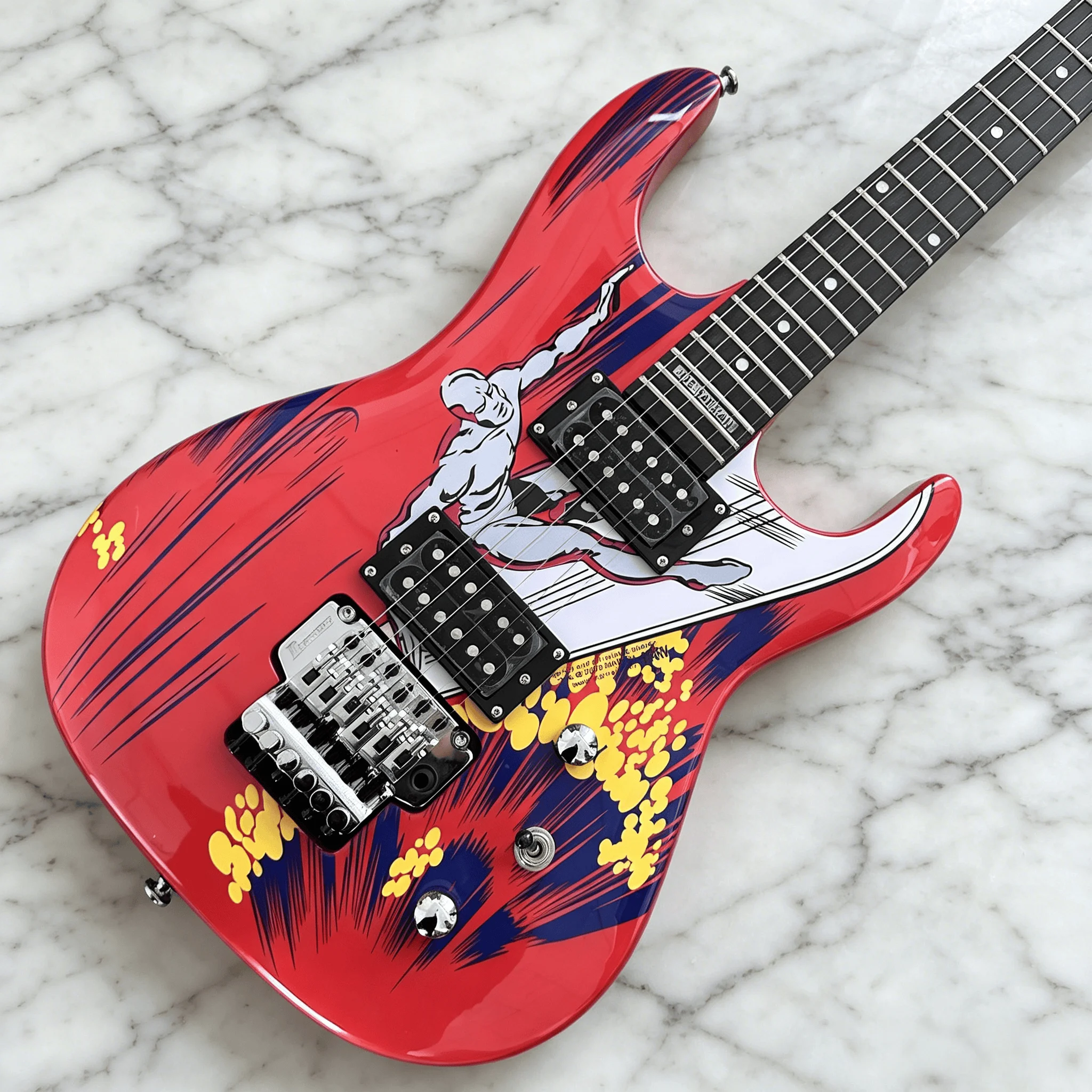 

Superhero Comic Graphic Electric Guitar Red Cartoon Print Finish Double Lock Tremolo Chrome Hardware for Rock Metal Shred