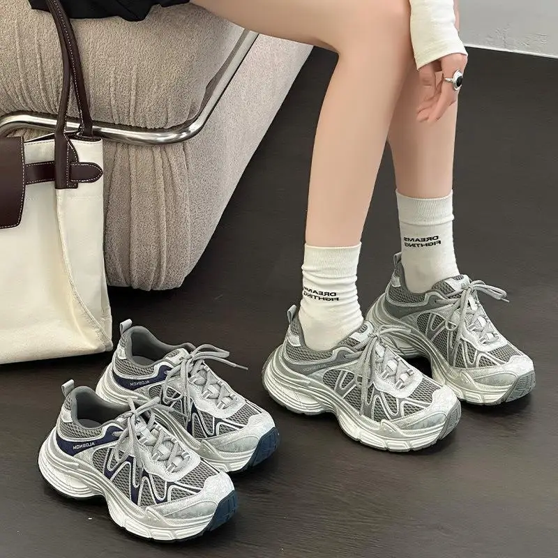 

Women's Sporty Casual Shoes Breathable Leather Upcycled Foam Bottom Dad Sneakers Versatile Comfortable Mesh Upper