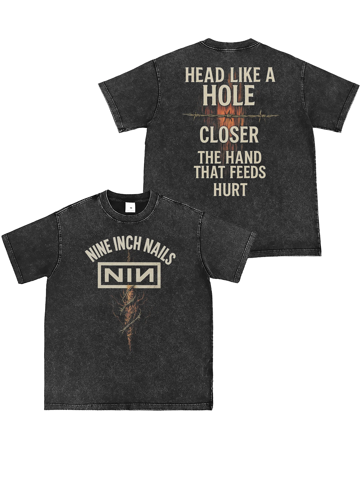 Nine Inch Nails Band Vintage Washed Direct Print Grey American Street Punk Rock Short Sleeve T-Shirt Unisex Summer Cotton Tee