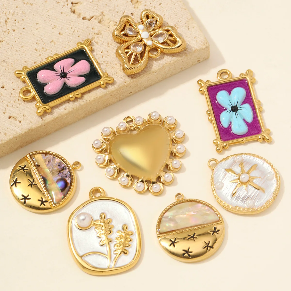 3pcs/Lot Stainless Steel Zircon Butterfly DIY Charm ABS Pearl Heart Flower Necklace Pendant Woman Shell Starfish Jewelry Finding - view 2