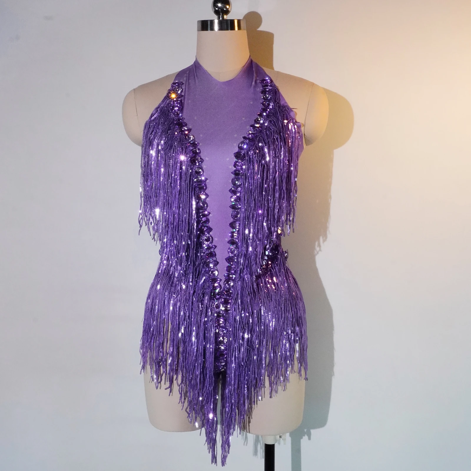 

Women's Sparkly Rhinestones Tassel Elastic Leotard Bodysuit Fringes Singer Dancer Latin Costume Stage Wear Nightclub Outfit DS