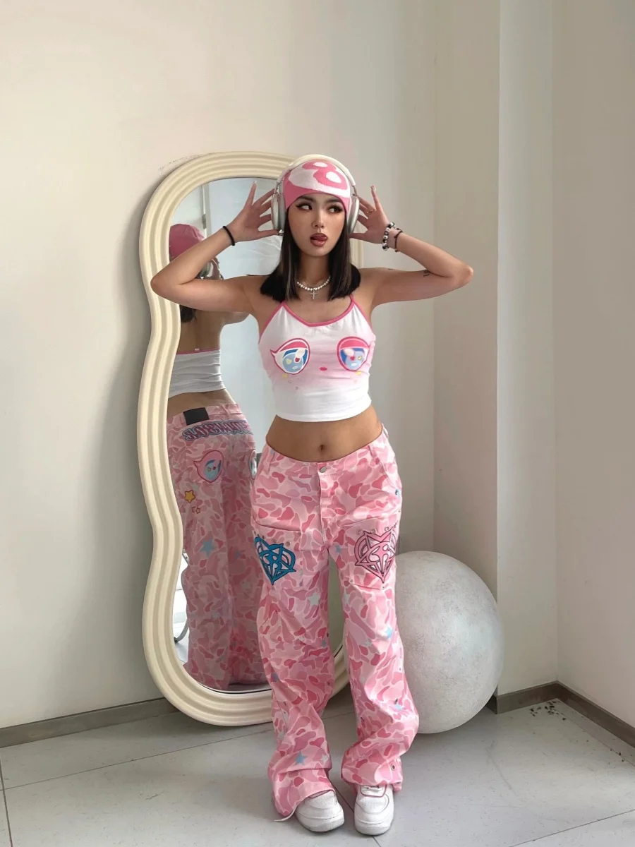 Women Pink Y2k Baggy Jeans Harajuku 90s Aesthetic Denim Trousers Camouflage Denim2000s Style Jean Pants Vintage Trashy Clothes