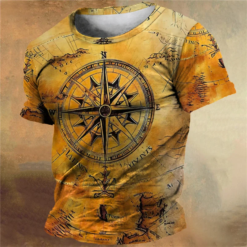 

New Nautical Pattern T-Shirt For Men Vintage Compass 3D Print Tees Summer Casual Round Neck Top Short Sleeve Loose Men Clothing