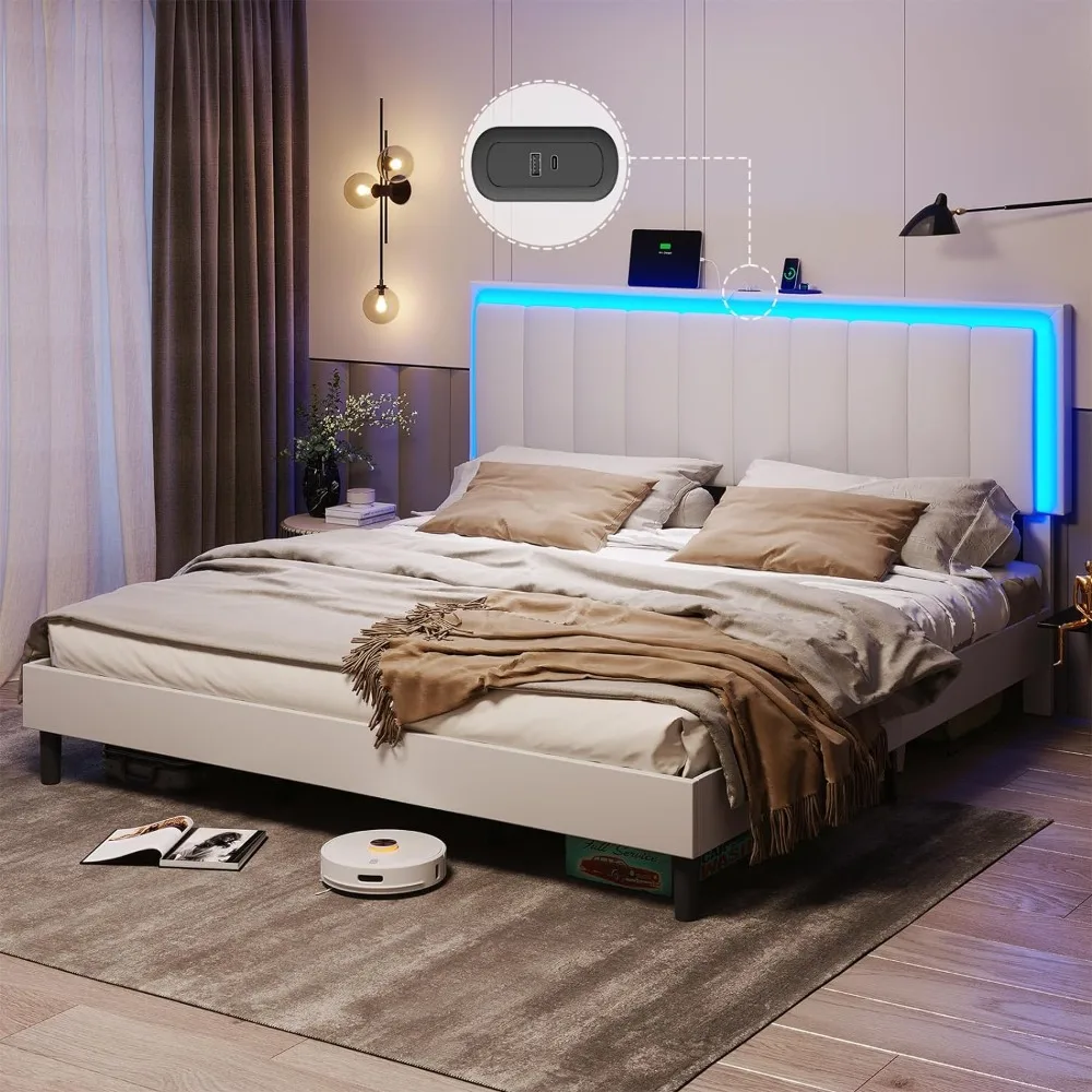 

King Bed Frame with Headboard and LED Light, Vegan Leather Platform Bed King Size with Charging Statio,Upholstered Bed Frames