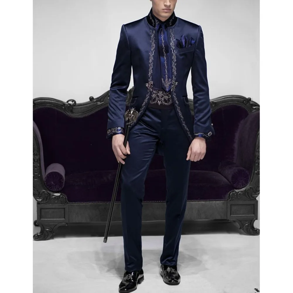 Tailor Made Italian Embroidery Navy Blue Men Suits Slim Fit Groom Prom Tuxedo 2 Piece Male Blazer Luxury Brand Jacket+Pant Terno