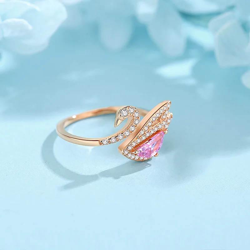

Wholesale 925 Sterling Silver Swan Ring Romantic pink Valentine's Day Gift Gold Ring Adjustable Open Size