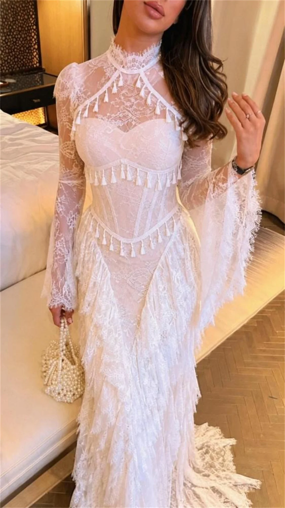 Sansa CustomizedIvory‑White women's formal evening gowns High‑Neck Sheer‑Lace Bell‑Sleeves Tiered‑Fringe‑Lace Mermaid Maxi Dress