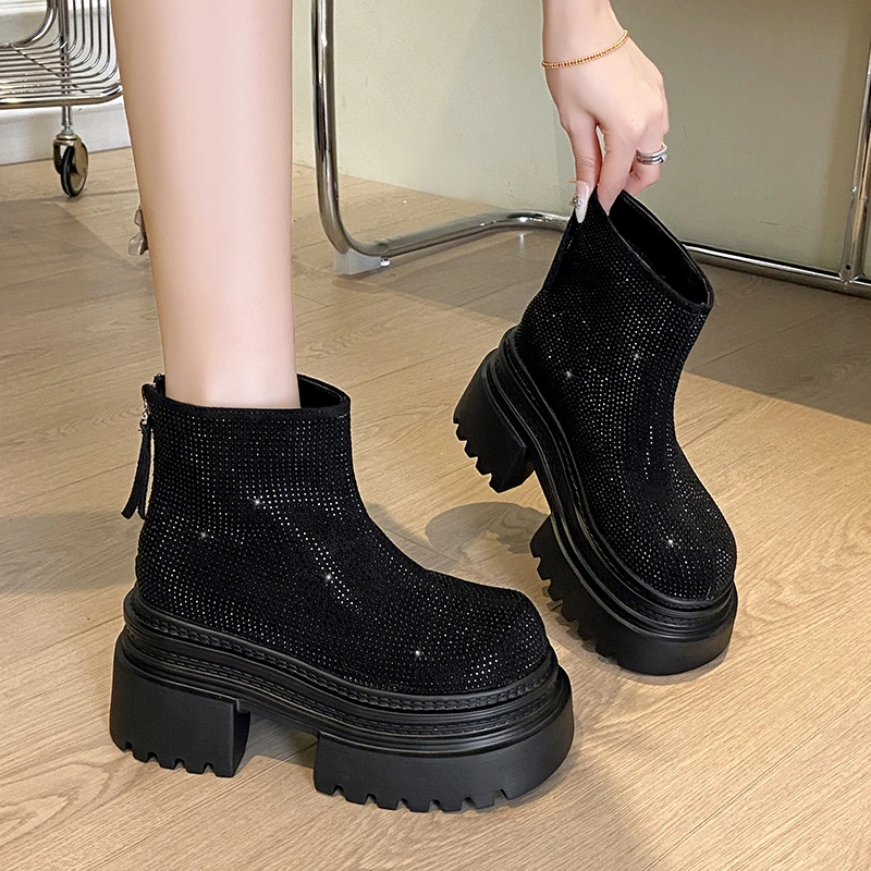 High-ankle Round-toe Rhinestone Slimming Padded Warm-up Fashionable Multi-purpose Comfortable Anti-slip Breathable Women's Boots