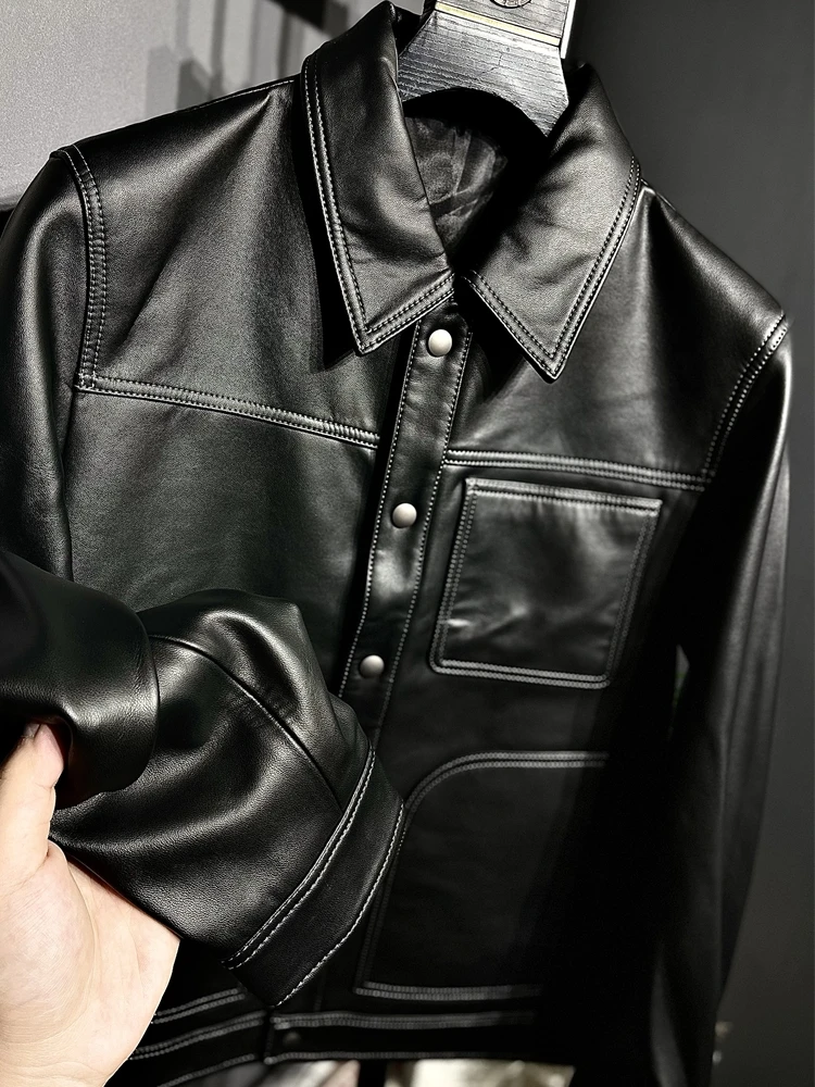 

Genuine eepskin Leather Jaet Men's Casual Busin Sle Stand Collar Workwear Patch ket ort Length Faion Ci