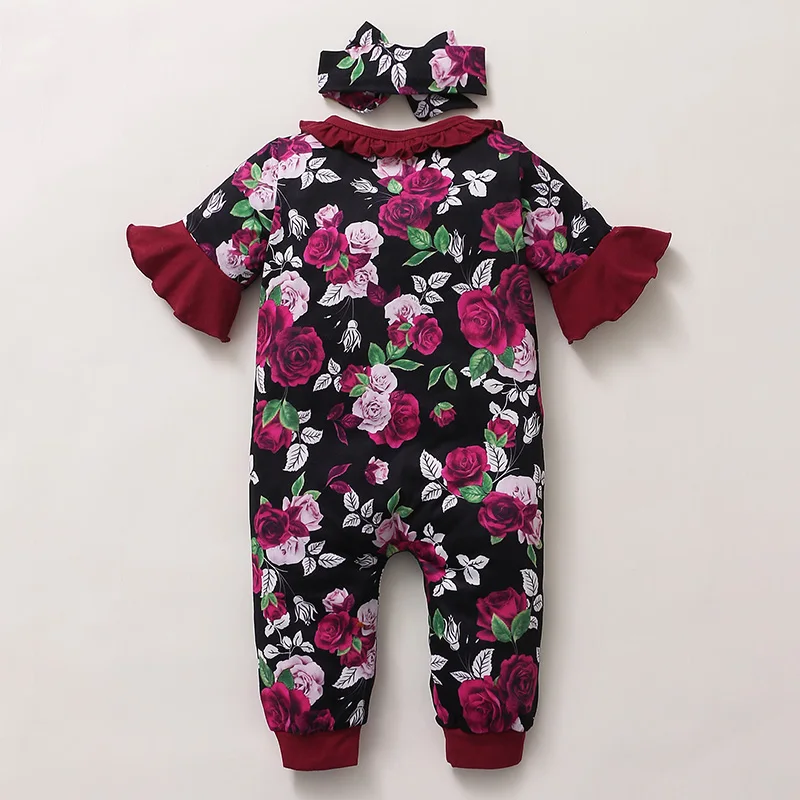 0-18Months Newborn Baby Girls Gorgeous Rose Floral Ruffle Short Sleeve Jumpsuit + Headband Toddler Baby Girl Festival Costumes