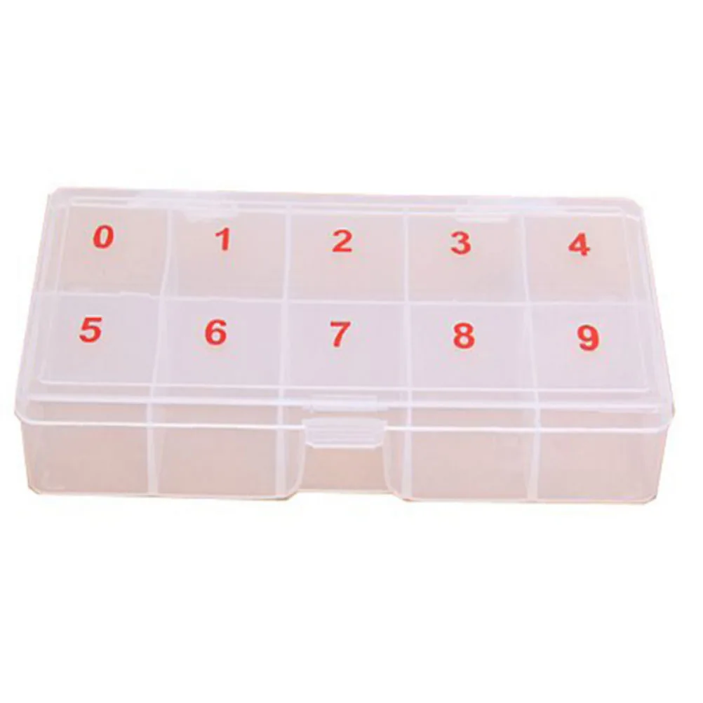 

10 Slot Transparent Nail Tip Storage Box Strong Plastic Case for False Nails Rhinestones Rings Small Items Holder