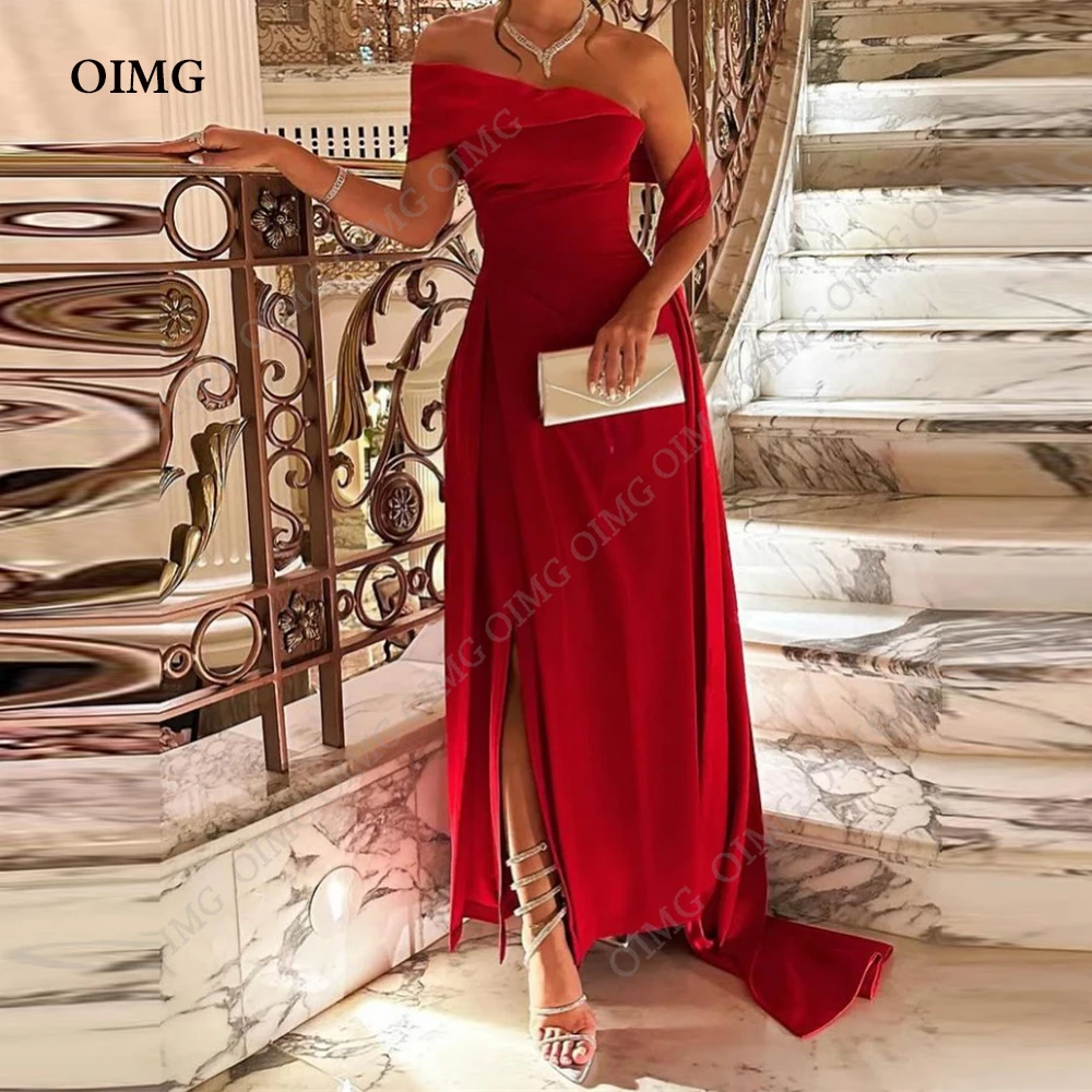 OIMG Red One Shoulder Beach  Prom Dresses Side Slit Split Arabic Women Party Dress Formal Occasion Evening Gowns Customized