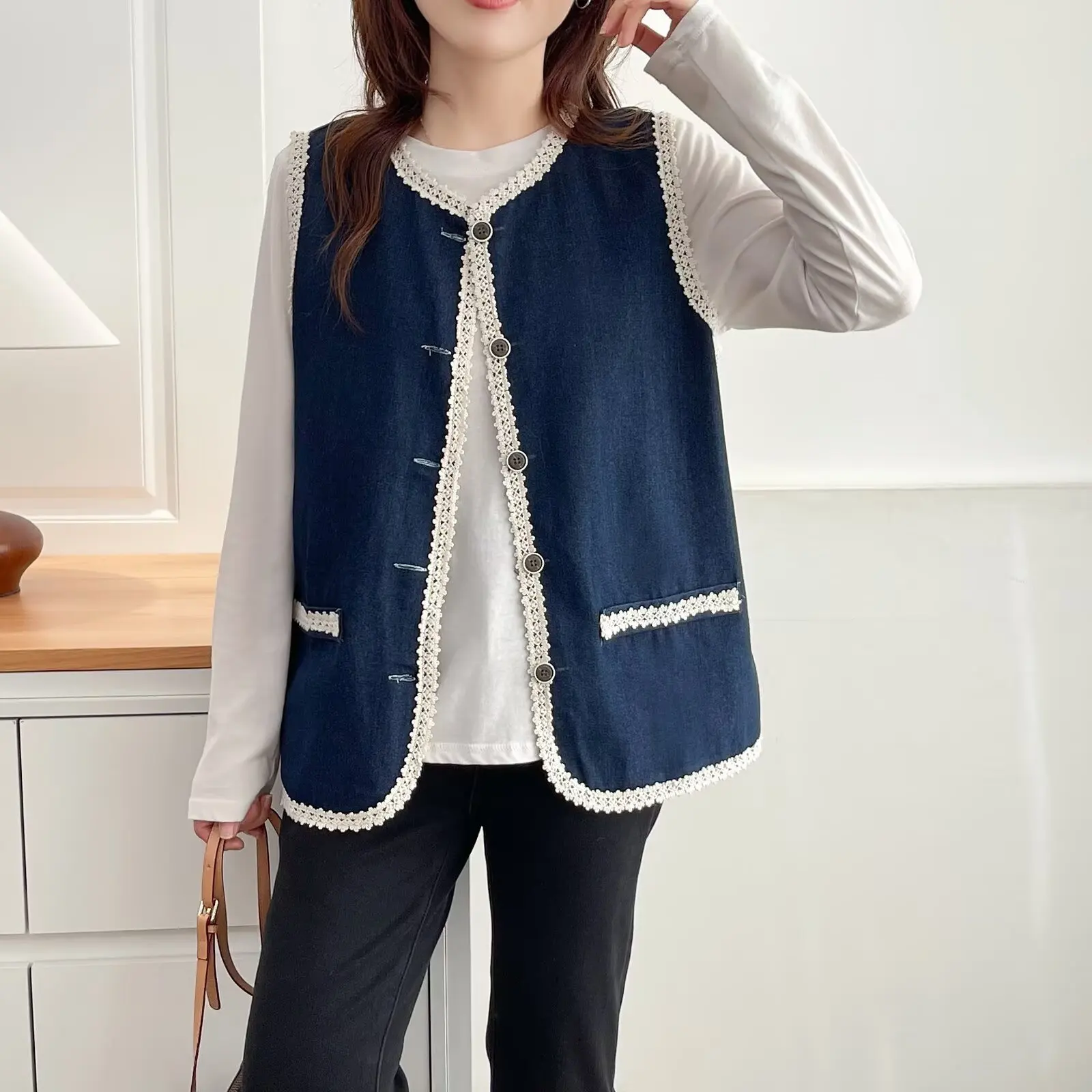 

Модный женский жилет без рукавов больших размеров, осенний новый стиль, элегантный шикарный темно-синий джинсовый жилет 8312