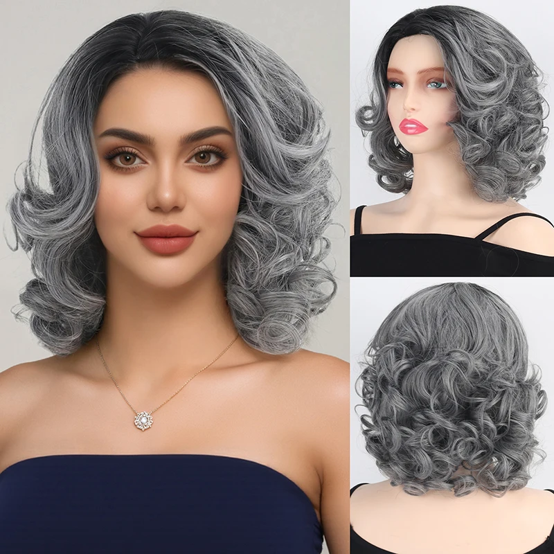 

European and American Women's Short Wavy Gray Synthetic Fiber Wig Fashion Hairpiece Synthetic Fiber Wig