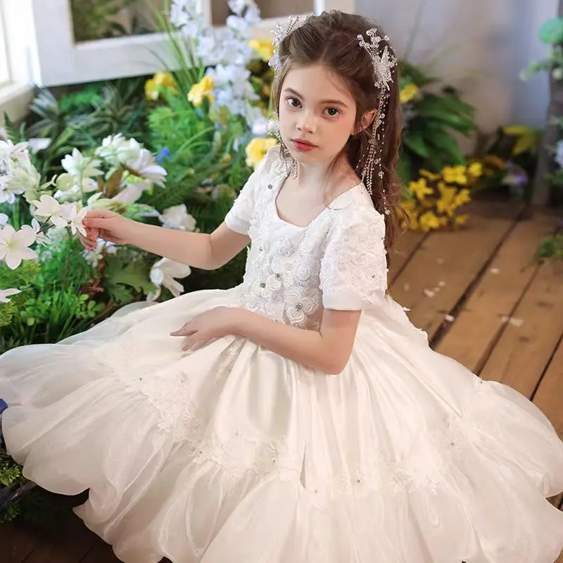 Jill Wish J547 luxe blanc fleur fille robe fleurs col carré pour princesse mariage anniversaire concours Communion robe de fête