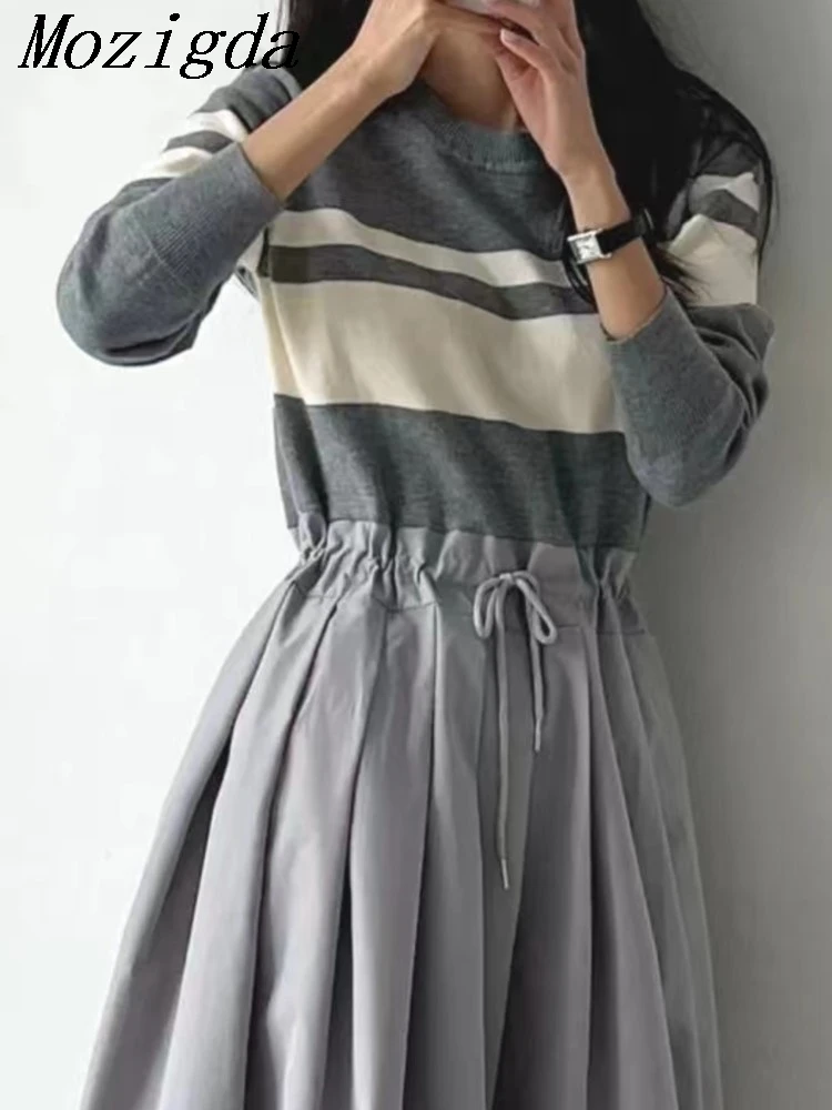 

Autumn Winter Striped Knitted Sweater Dress Women Pleated Lace Up Dress Korean Pullover Elegant Vintage Ladies Dresses Vestidos