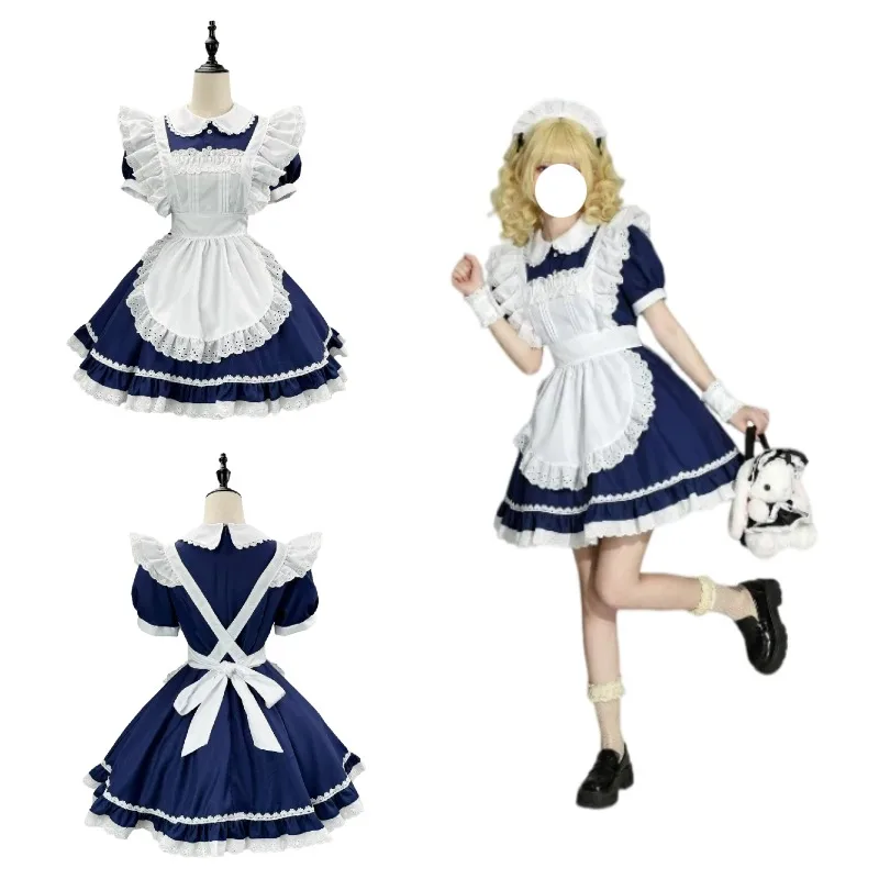 

Navy Blue White Maid Lolita Dress Cosplay Angel Sweet Dresses with Apron Outfit Waiter Uniform Halloween Party Stage Costume