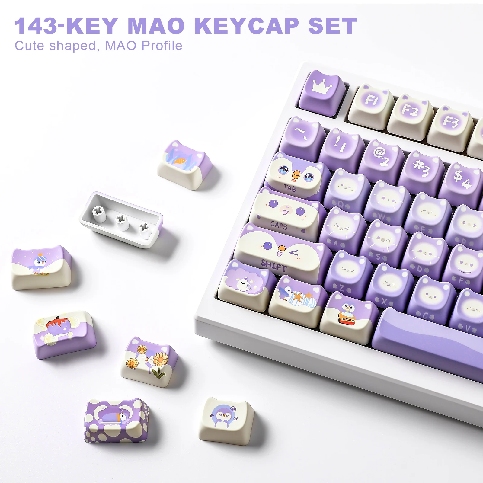 YUNZII Penguin MAO Profile Keycap Set, 143 Full Keys Dye Sub Custom Cute Shaped Keycaps for MX Switches Mechanical Keyboards