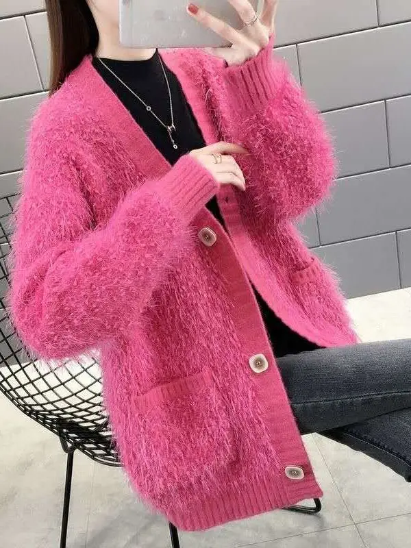 

Ladies Thiened Camere Open Cardigan Sweater Mid-Length Knitted Outerwear Loose Fit V-Ne Long Sve Winter Autumn Faion