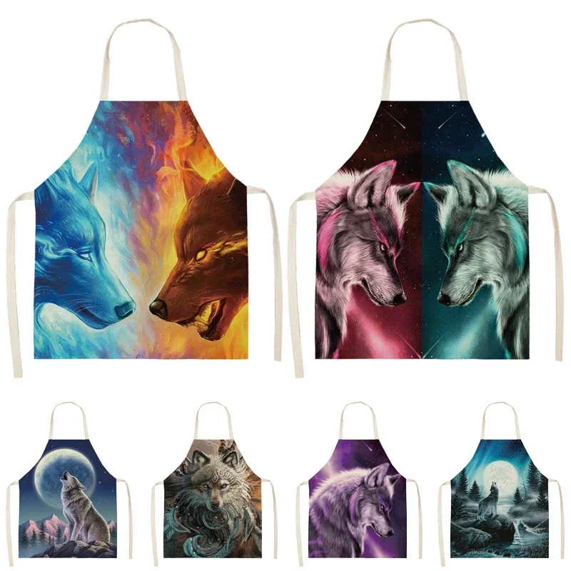 1Pcs Wolf Night Pattern Cleaning  Art  Aprons Home Cooking Accessories Kitchen Apron Cook Wear Linen Aprons for Women Aventais