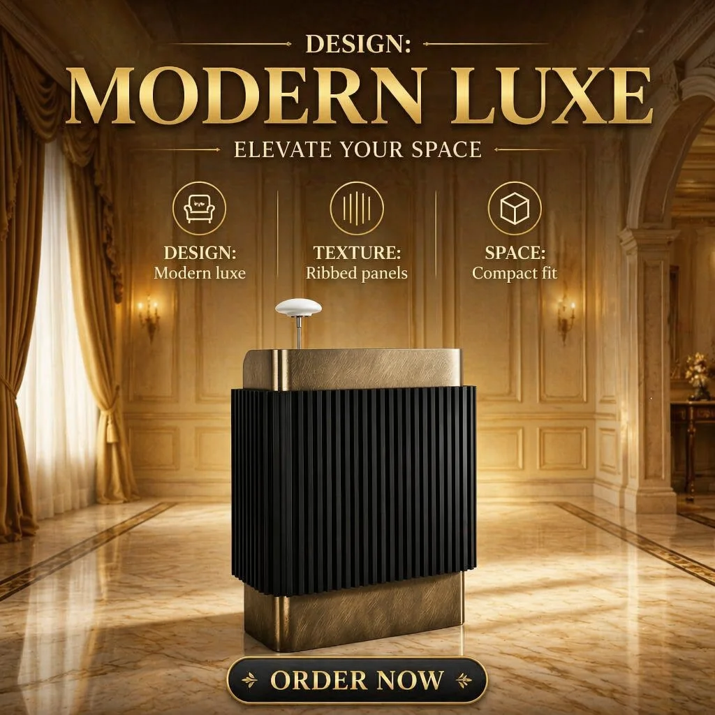 Vertical Fluted Wood Reception Counter With Gold Stainless Steel Frame Custom Small Size For Restaurant Hotel Reception Desk