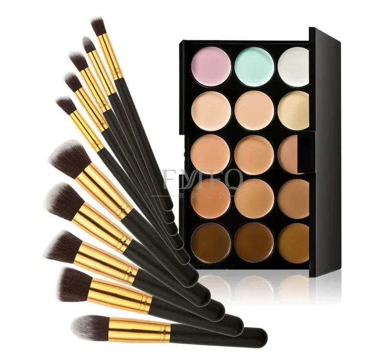 Corretivo Paleta Make Up Set, Make Up Combinação, Escova Foundation, 15 Cores, 10 Pcs