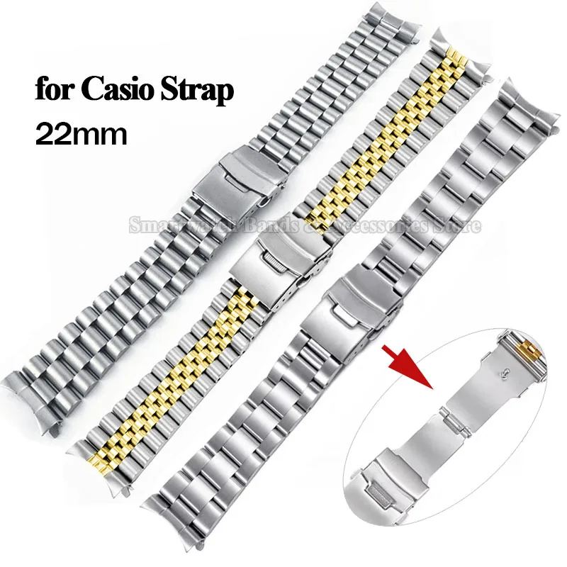 22mm Stainless Steel Watch Strap for Casio MDV-106/107 Diving Wrist Band Replacement Men Bracelet Solid Fold Buckle Accessories