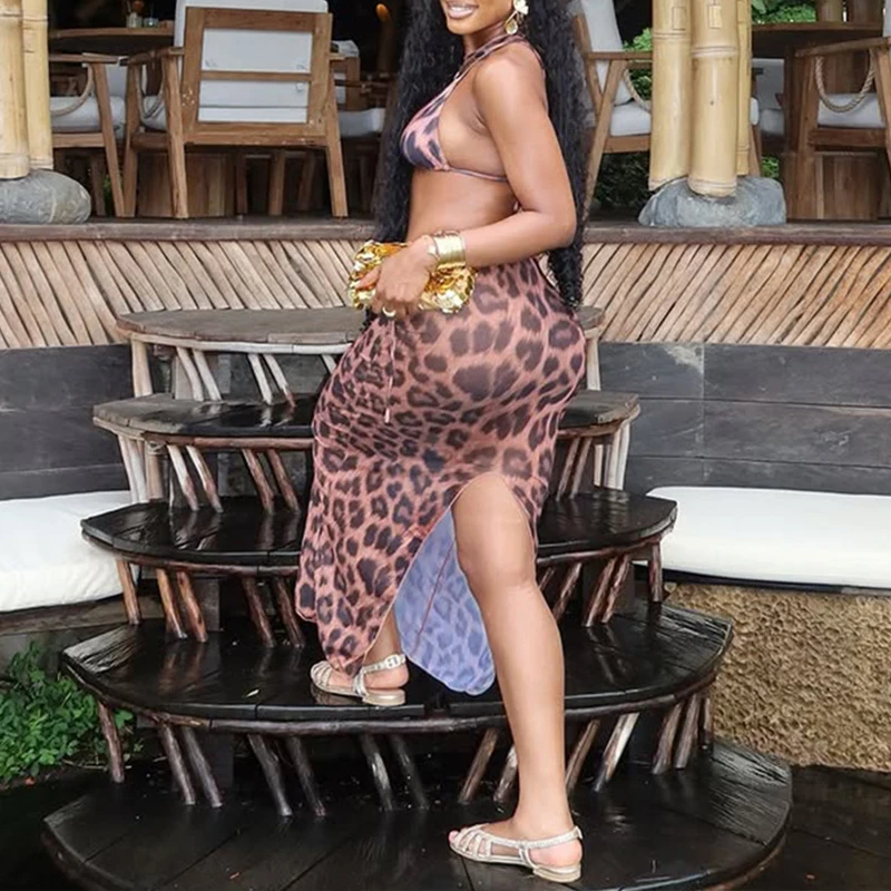 BKLD Vakantie aan zee Onregelmatige luipaardprint 3-delige outfit Halter Vetersluiting BH + slipje + mouwloze lange jurk Mode Damespakken