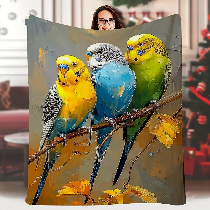 Three Budgie Parrot Oil Painting Throw Blanket,Soft Bed,Lounge Cover,Chill Night Cover,Birthday Anniversary Home Souvenir