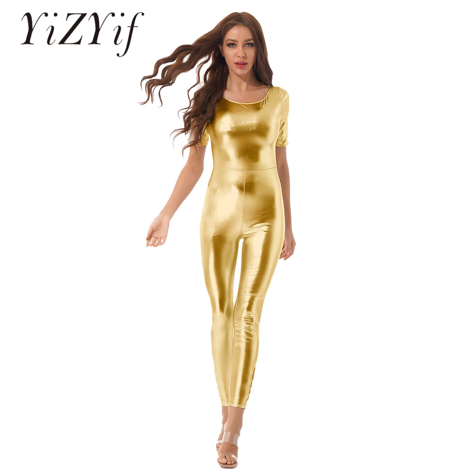 

Womens Metallic Glossy Jumpsuits Rave Party Outfit Pole Dance Bar Clubwear Short Sleeve Back Crisscross Catsuit Shiny Bodysuit